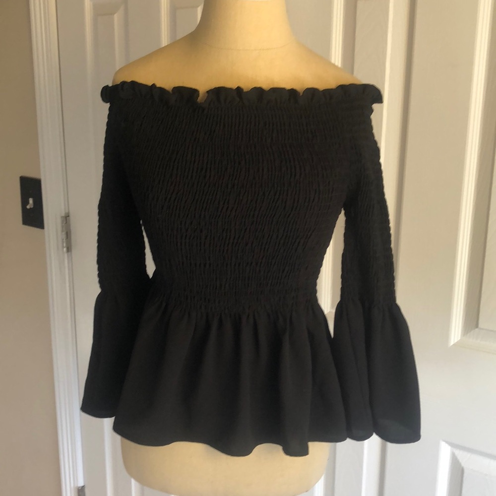Mona Young Off the Shoulder Peplum Top, Black, Size S/M